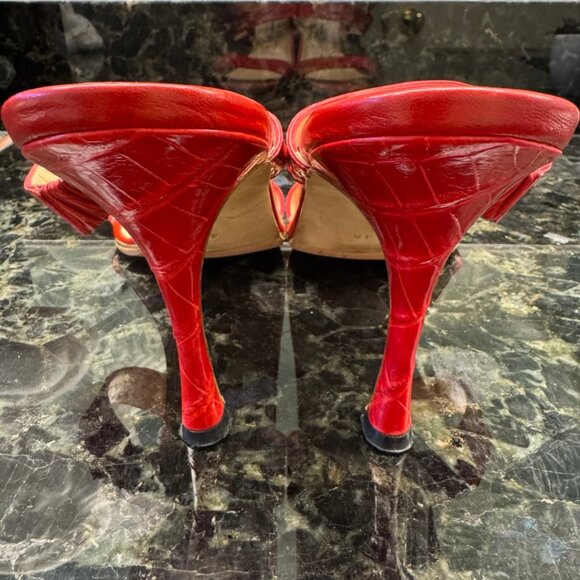Manolo Blahnik Red Leather Croc Embossed Double Strap Sandals 40 8.5 9 Luxury - Picture 11 of 11